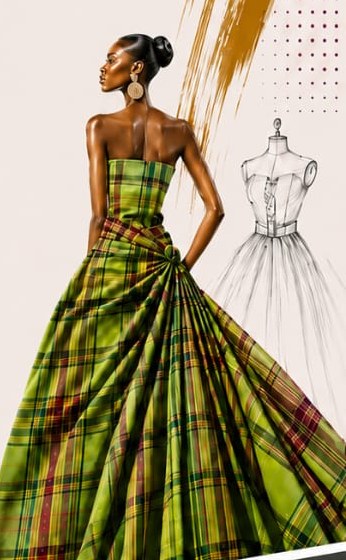 Fashion design entry featuring a hand-tailored plaid gown, styled against a mood board